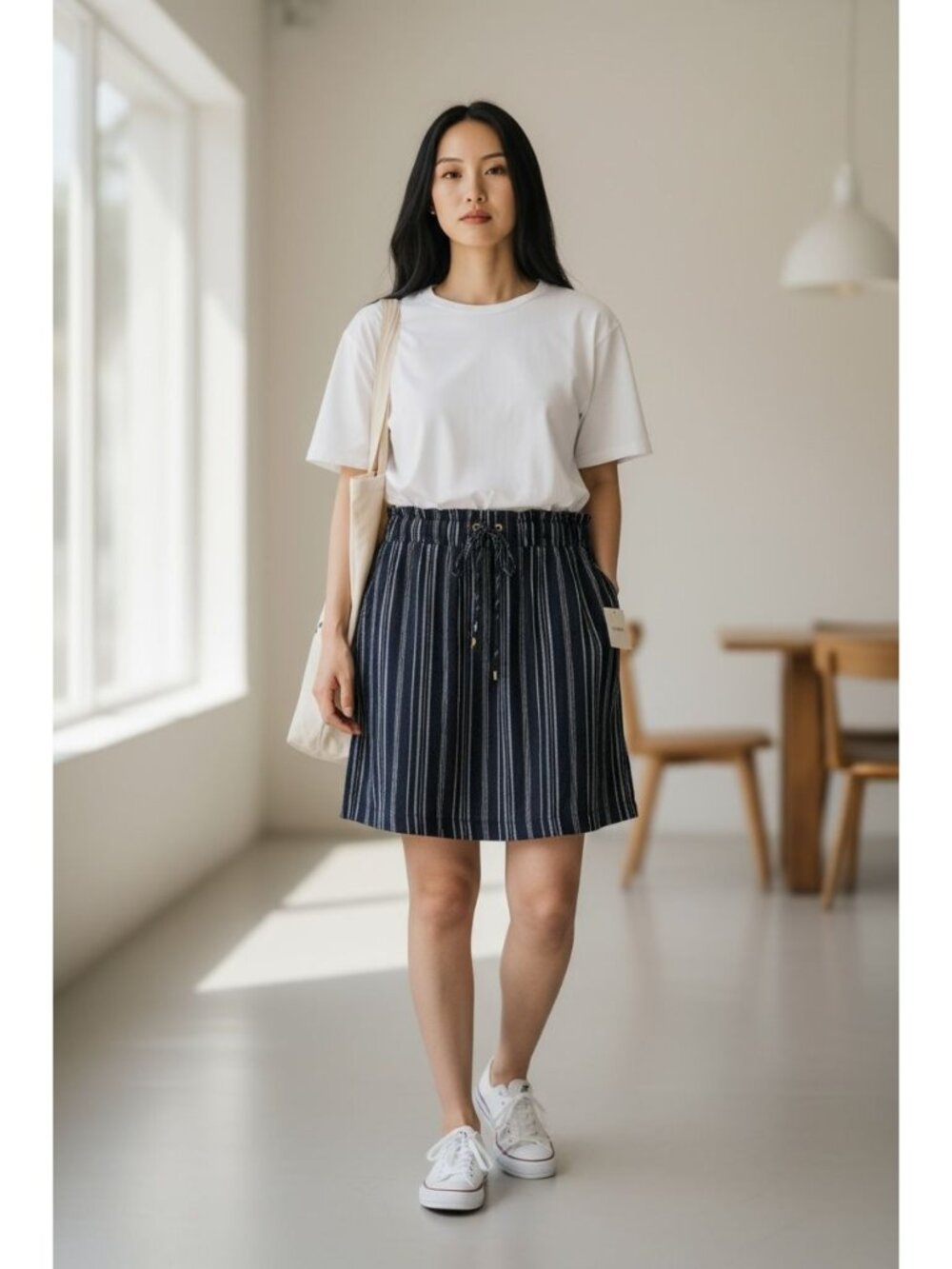 Ellen Tracy Women's Navy & White Striped Pull-On Skirt With Drawstring Waist XL